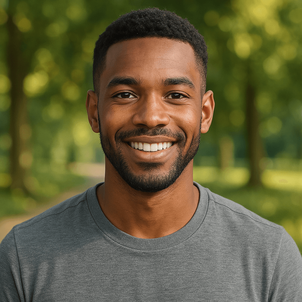Smiling man with beard in gray t-shirt