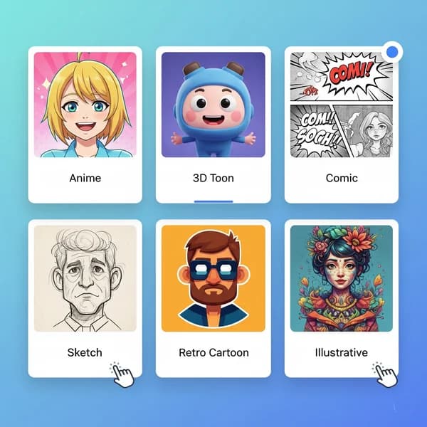 Choosing from various AI cartoon styles in generator tool